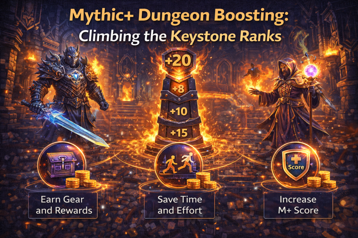 Mythic+ dungeon boosting, keystone boosting, WoW Mythic Plus, Mythic+ ranks, dungeon carries, World of Warcraft boosting, PvE boosting services, keystone climb, WoW endgame content, Mythic+ progression